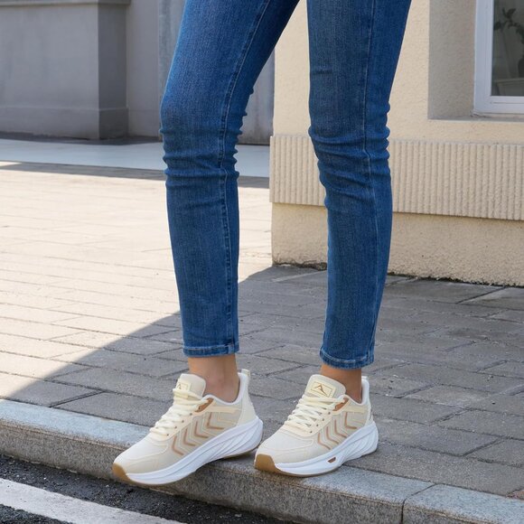 Women's Beige Breathable Tennis Shoes Non-Slip Sneakers for Walking & Workout - Picture 2 of 7